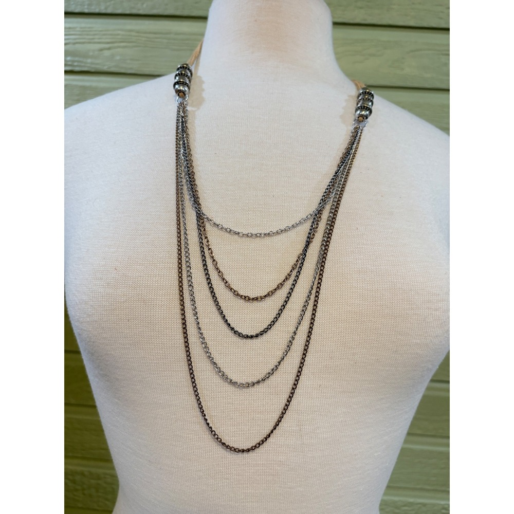 Mixed Metal Layered Multi Strand Bib Necklace Silver Gunmetal Tan Suede Boho